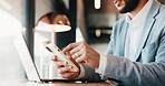 Phone, hands and business man with laptop for planning, typing and search contact at law firm. Texting, reading and lawyer with mobile app and computer for online schedule, networking or email agenda