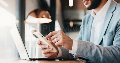 Buy stock photo Phone, hands and business man with laptop for planning, typing and search contact at law firm. Texting, reading and lawyer with mobile app and computer for online schedule, networking or email agenda