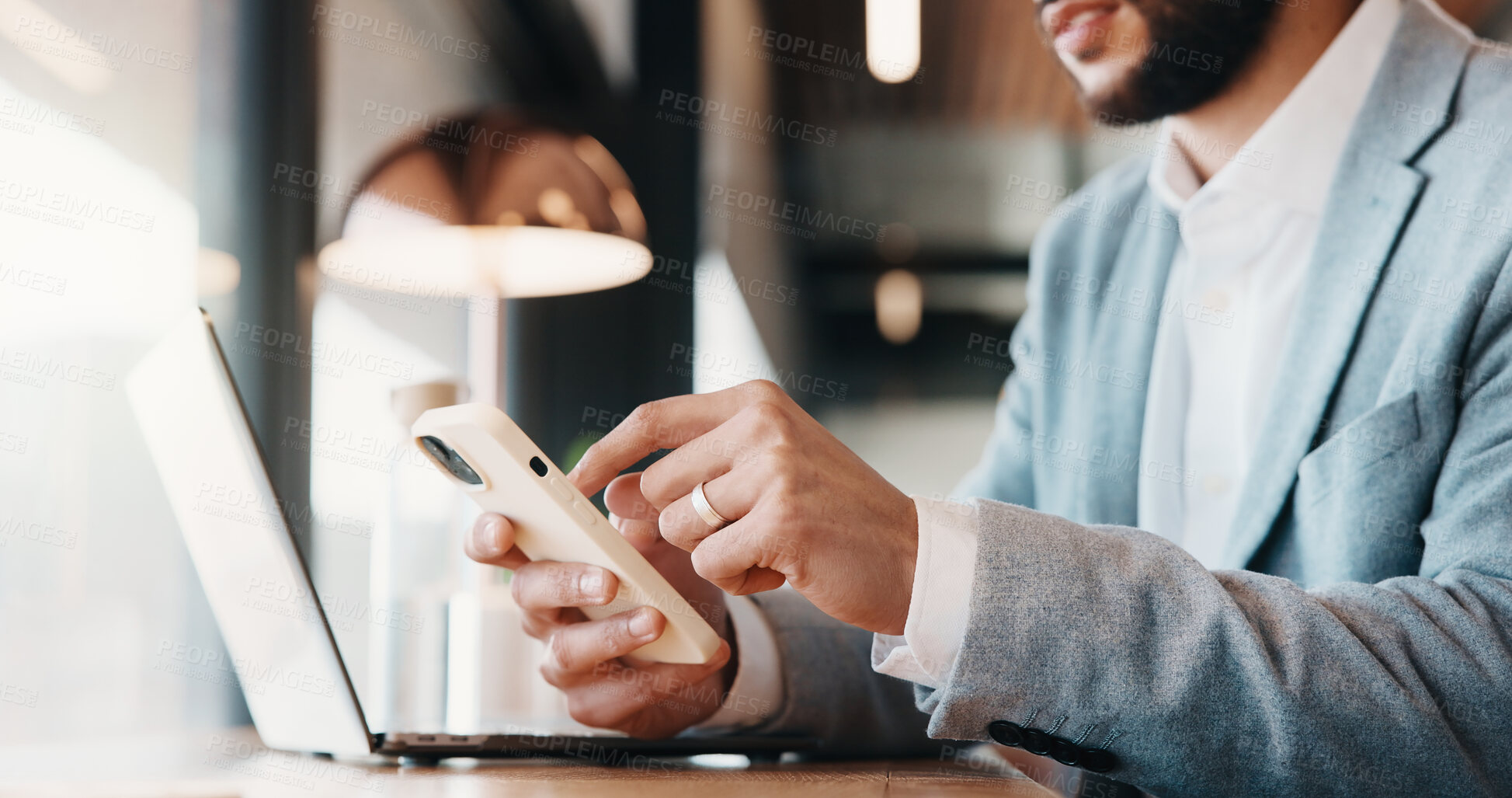 Buy stock photo Phone, hands and business man with laptop for planning, typing and search contact at law firm. Texting, reading and lawyer with mobile app and computer for online schedule, networking or email agenda