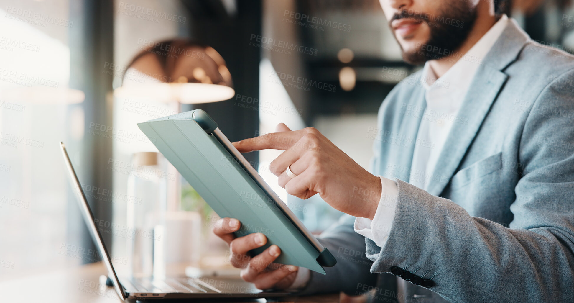 Buy stock photo Laptop, tablet and hands of businessman in office with email for finance report on revenue growth. Digital technology, computer and male financial manager with online feedback for investment risk.