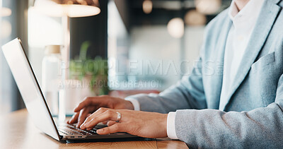 Buy stock photo Hands, man and typing on laptop in office for financial reporting, internal audit and tax filing. Accountant, employee and tech at workplace for bookkeeping, admin and staff email on payroll request
