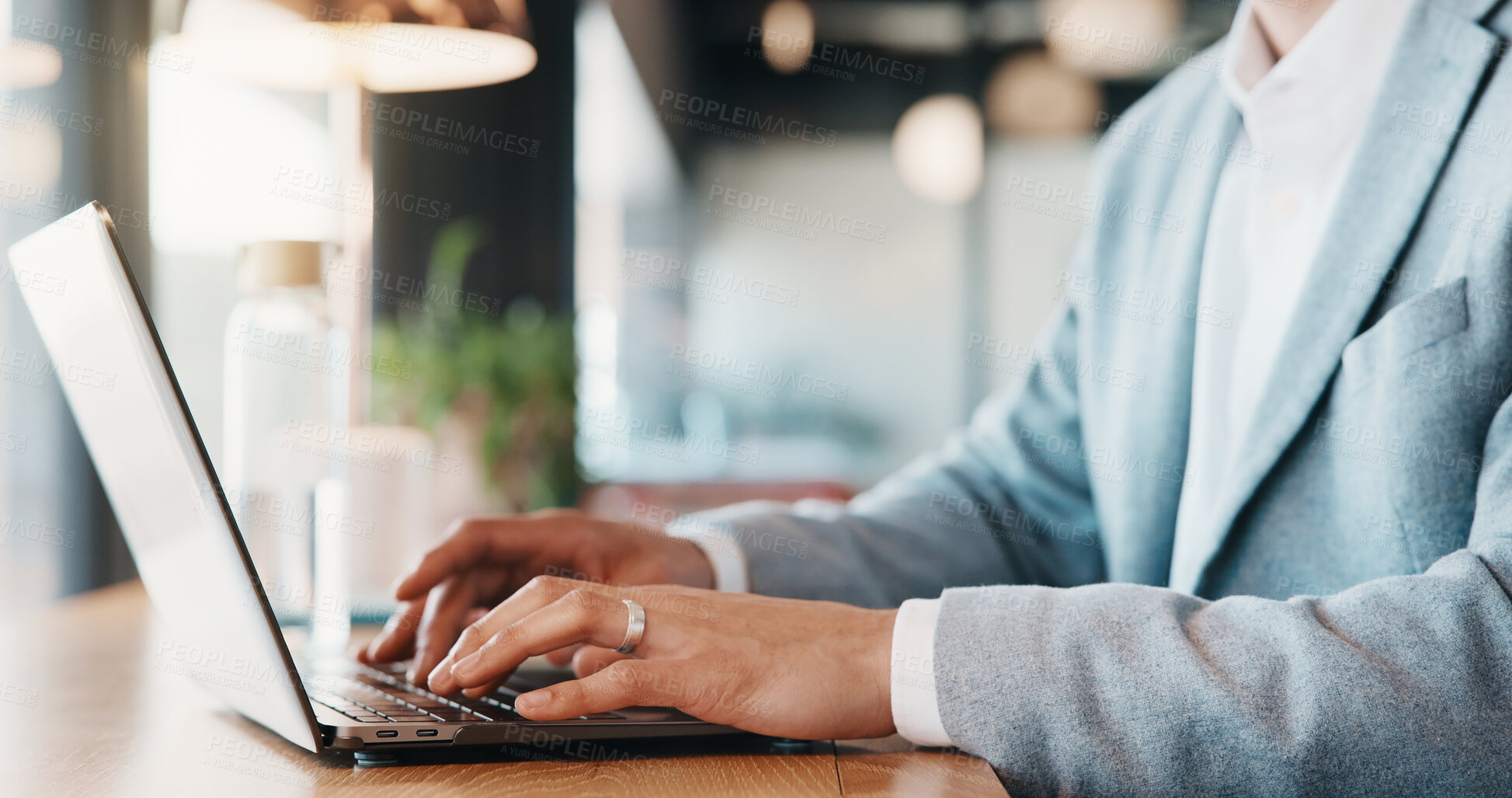 Buy stock photo Hands, man and typing on laptop in office for financial reporting, internal audit and tax filing. Accountant, employee and tech at workplace for bookkeeping, admin and staff email on payroll request