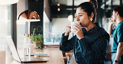 Buy stock photo Business, woman and laptop with coffee at cafe for research, proofreading and draft update. Person, remote work and pc for editor feedback, review story submission and morning beverage at hospitality