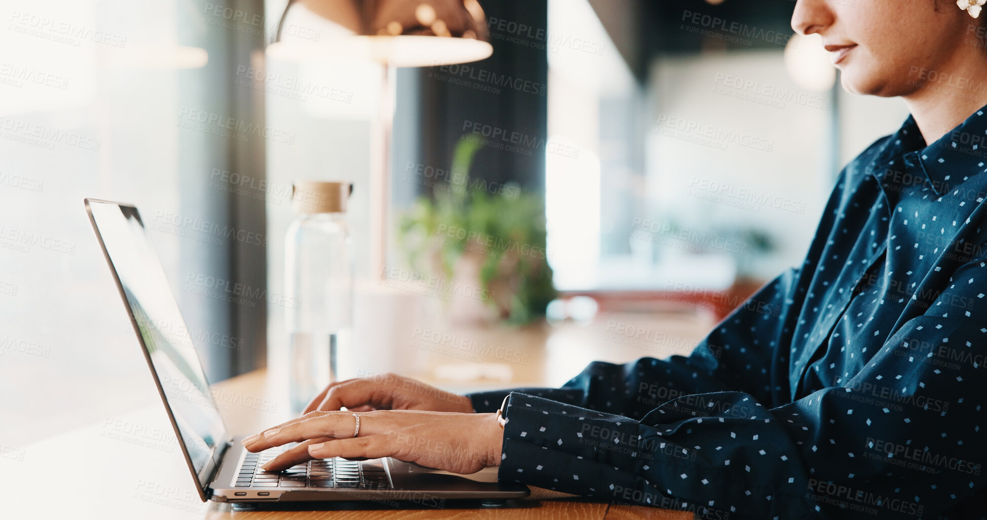 Buy stock photo Laptop, hands and typing in cafe for remote work, compliance report and regulation update. Computer, freelance consultant and woman with email for policy review, risk management or business proposal