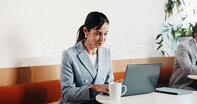 Buy stock photo Laptop, freelancer and business woman in coffee shop, budget report or typing email for finance. Computer, remote work and mature accountant at cafe for sales information, tax records and smile