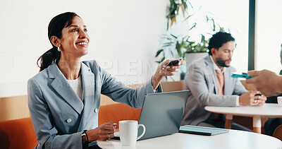 Buy stock photo Laptop, customer and happy woman with credit card or pos machine in cafe for payment or purchase. Female person, waiter or tap with debit or smile for NFC banking, checkout or service in coffee shop