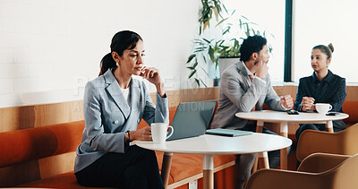 Buy stock photo Thinking, freelancer and businesswoman with laptop in coffee shop, report or reading finance email. Computer, remote work and mature accountant at cafe for problem solving, tax records and review