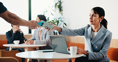 Buy stock photo Woman, customer and phone with pos machine in coffee shop for payment or wireless transaction. Female person, waiter or tap with smartphone or laptop for mobile banking, checkout or service in cafe