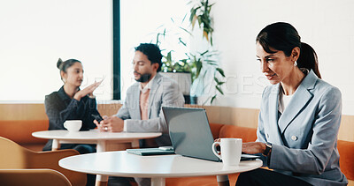 Buy stock photo Laptop, remote work and business woman in coffee shop, budget report or typing email for finance. Computer, freelancer and mature accountant at cafe for sales information, tax records and smile