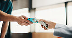 Hands, customer and phone with pos machine in coffee shop for payment or wireless transaction. People, waiter or tap with smartphone, NFC or order for mobile banking, checkout or service in cafe