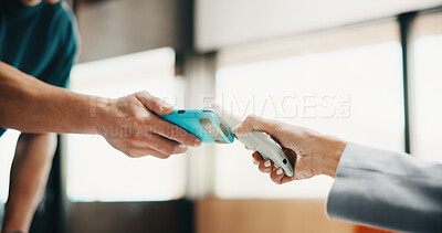 Buy stock photo Hands, customer and phone with pos machine in coffee shop for payment or wireless transaction. People, waiter or tap with smartphone, NFC or order for mobile banking, checkout or service in cafe