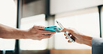 Hands, customer and phone with pos machine in cafe for payment or wireless transaction. People, waiter or tap with smartphone, NFC or order for mobile banking, checkout or service in coffee shop