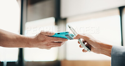 Buy stock photo Hands, customer and phone with pos machine in cafe for payment or wireless transaction. People, waiter or tap with smartphone, NFC or order for mobile banking, checkout or service in coffee shop