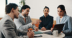 Meeting, laptop and business people with proposal review, collaboration or planning for startup. Agency, manager and group with computer for b2b project, website or online report for company growth