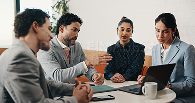 Buy stock photo Meeting, laptop and business people with proposal review, collaboration or planning for startup. Agency, manager and group with computer for b2b project, website or online report for company growth