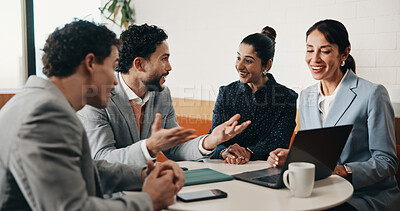 Buy stock photo Meeting, laptop and happy people with planning, collaboration or investor proposal. Laugh, discussion and group of stakeholders with computer for business, strategy or online report in workplace