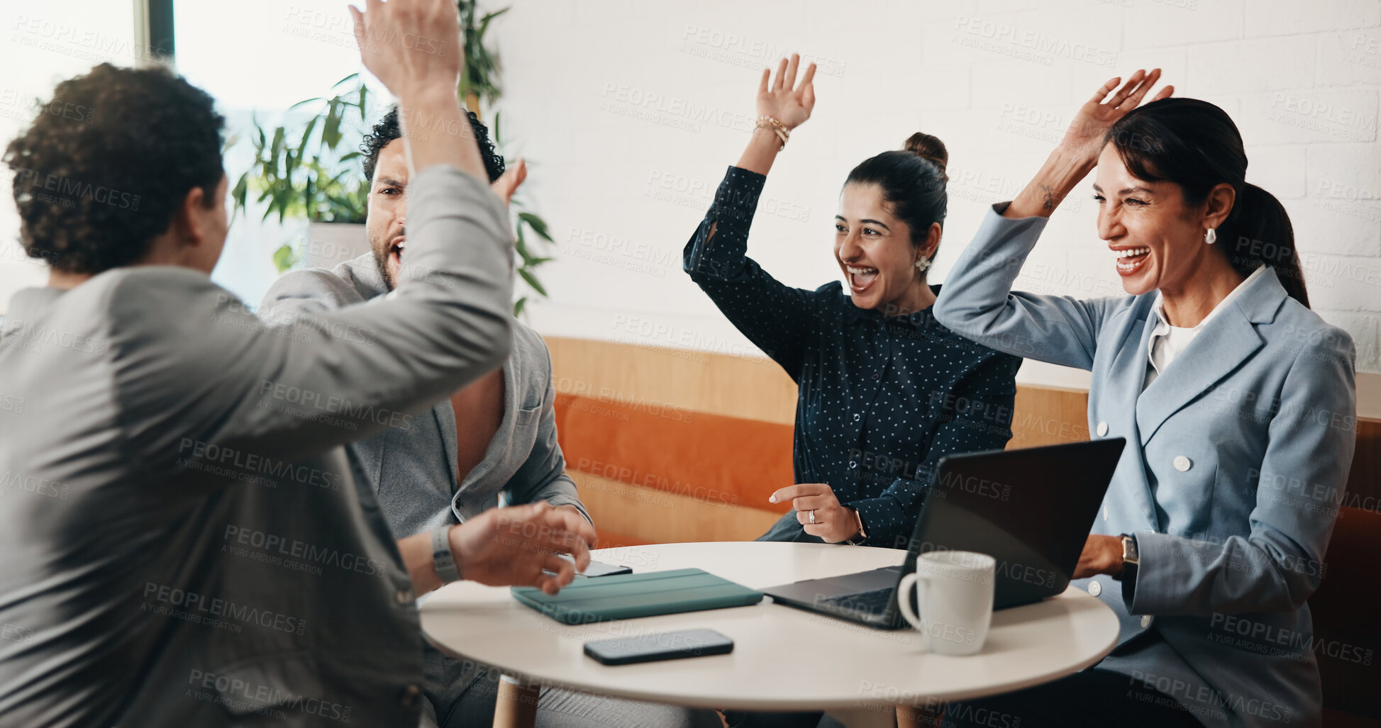 Buy stock photo Business, team or excited with celebration in meeting for pitch success, diligence request or pride. Investment banker, happy people or hands raised in office for investor feedback, good news or deal