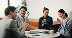 Happy people, applause and team with laptop in cafe, win and celebration for investment opportunity. Business meeting, achievement and colleagues with tech in coffee shop, clapping and collaboration