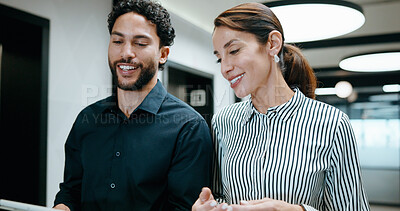 Buy stock photo Happy people, online and research with tablet in office, copywriting and reading article on website. Copywriter, colleagues and smile with tech for blog post, creative and collaboration in business