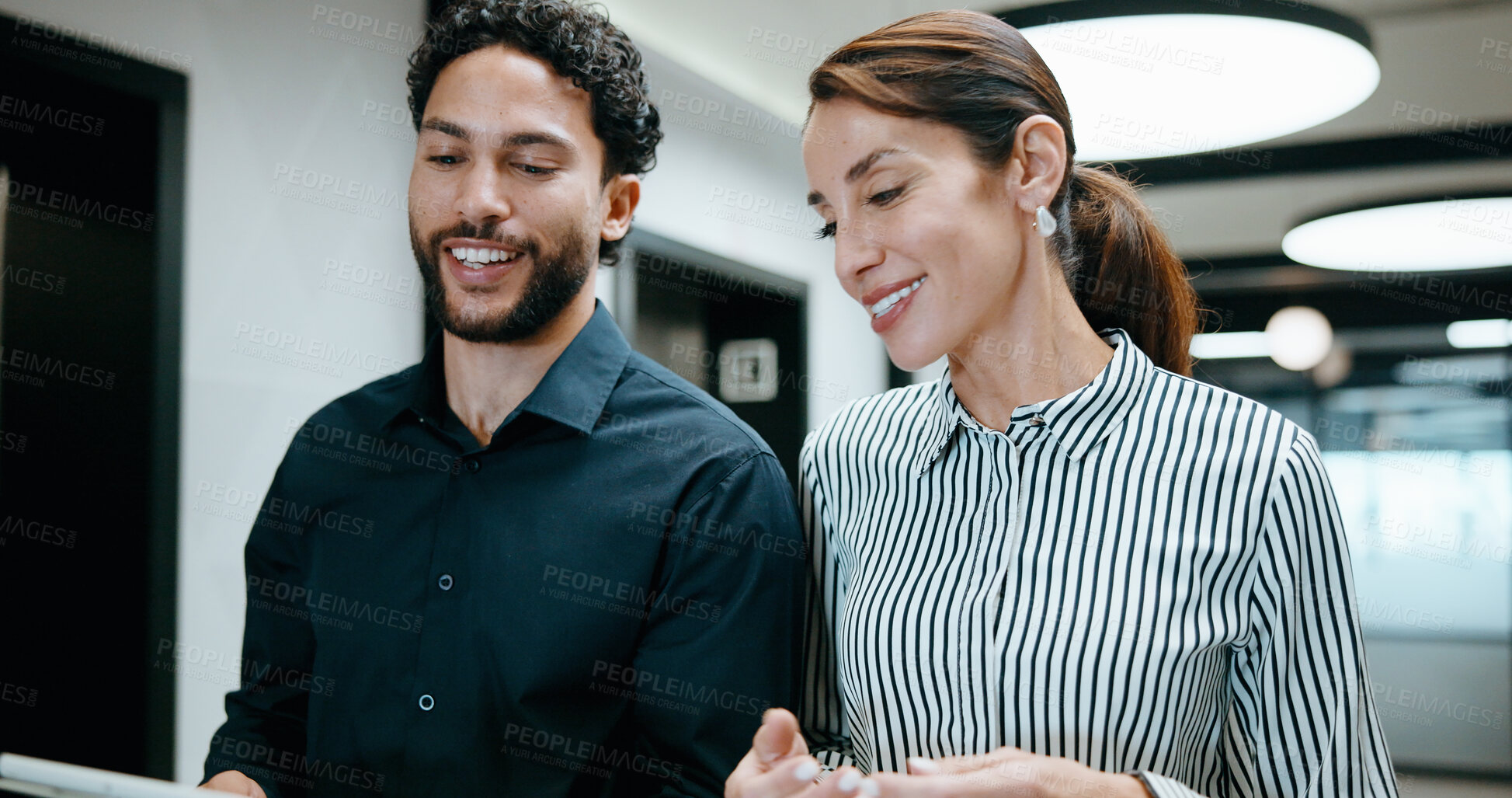 Buy stock photo Happy people, online and research with tablet in office, copywriting and reading article on website. Copywriter, colleagues and smile with tech for blog post, creative and collaboration in business