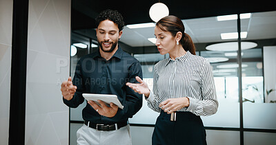 Buy stock photo Tablet, discussion and business people in hallway with project for finance review with budget plan. Meeting, conversation and financial advisors with digital tech for investment proposal in workplace