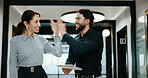 Business, team and high five with tablet in hallway for verdict win, case settlement and justice. People, legal counsel or tech with celebration at firm for trial success, charge dismissal or victory