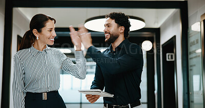 Buy stock photo Business, team and high five with tablet in hallway for verdict win, case settlement and justice. People, legal counsel or tech with celebration at firm for trial success, charge dismissal or victory