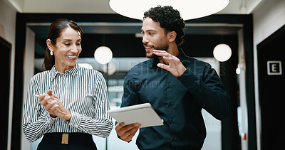 Buy stock photo Happy, people and tablet with applause in office for trial update, case evidence or breakthrough. Lawyer, assistant or tech with clapping at firm for lawsuit settlement, legal discovery or discussion