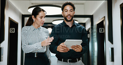 Buy stock photo Tablet, conversation and business people in hallway with meeting for finance review with budget plan. Project, discussion and financial advisors with digital tech for investment proposal in workplace