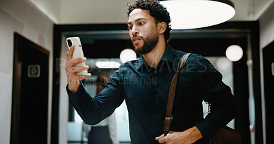 Buy stock photo Reading, serious and businessman with phone in hallway, stock market news and review investment value. Mobile, planning exchange and trader with app to monitor assets, client message and office