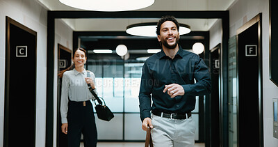 Buy stock photo Smile, walking or man in office with leaving, positive attitude and good mood in workplace exit. Break, colleagues and corporate employee with bag, happy departure and optimism at end of day.
