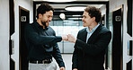 Fist bump, team building and business men in office hallway for partnership, goals and trust. Collaboration, motivation and friends with gesture for support, vision and success working together