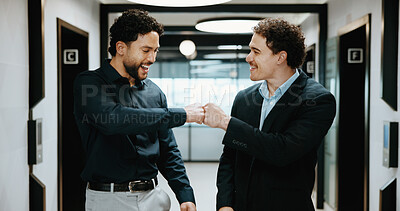Buy stock photo Fist bump, team building and business men in office hallway for partnership, goals and trust. Collaboration, motivation and friends with gesture for support, vision and success working together