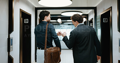 Buy stock photo Fist bump, partnership and business men in office hallway for team building, goals and trust. Collaboration, motivation and friends with gesture for support, vision and success working together