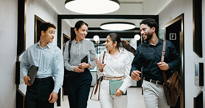 Buy stock photo Business, team and happy with walking in office for trial update, positive verdict or case progress. People, legal counsel or adjourn court with lawsuit debriefing, risk mitigation or lawyer feedback