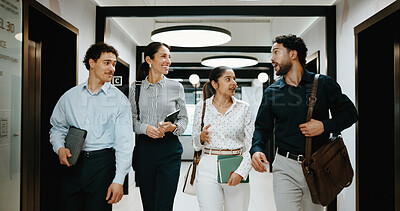 Buy stock photo Arrival, walking or people in office with discussion, networking or workplace connection in morning. Business, colleagues or employees with tech, bonding together or communication at start of day.