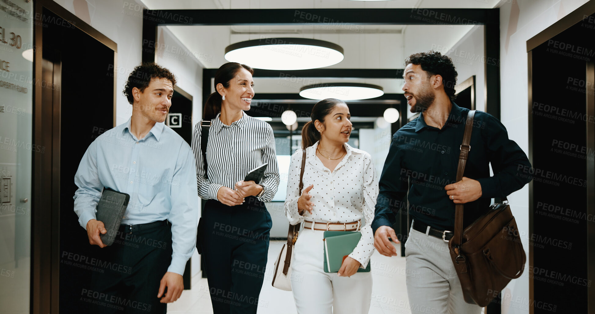 Buy stock photo Arrival, walking or people in office with discussion, networking or workplace connection in morning. Business, colleagues or employees with tech, bonding together or communication at start of day.