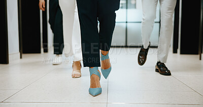 Buy stock photo Walking, legs and business people in office for workshop, finance department and company budget review. Feet, professional and employees with collaboration for meeting, journey and travel to seminar