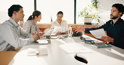 Buy stock photo Team, discussion and business people in office with documents for finance review with budget plan. Meeting, conversation and financial advisors with paperwork for investment proposal in workplace