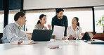 Team, meeting and planning in office with laptop for insurance, risk management or strategy. Computer, collaboration and business people in workplace with policy insight, problem solving or smile