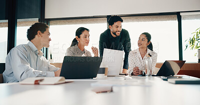 Buy stock photo Team, meeting and planning in office with laptop for insurance, risk management or strategy. Computer, collaboration and business people in workplace with policy insight, problem solving or smile