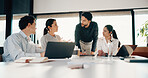 Team, meeting and planning in office with strategy for insurance proposal, risk management or laptop. Computer, collaboration and business people at work with policy insight, problem solving or idea