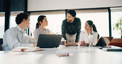 Buy stock photo Team, meeting and planning in office with strategy for insurance proposal, risk management or laptop. Computer, collaboration and business people at work with policy insight, problem solving or idea