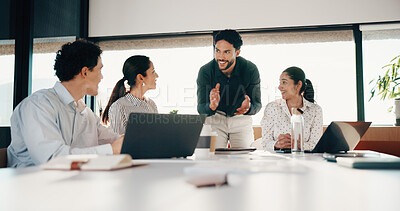 Buy stock photo Business, team and happy with update in meeting for evidence breakthrough, progress or justice. Legal counsel, people and excited at law firm for trial preparation, charge dismissal and announcement