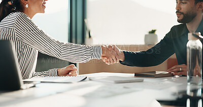Buy stock photo Team, handshake and business people in office with partnership for finance review or budget deal. Meeting, shaking hands and financial advisors with negotiation for investment proposal or acquisition