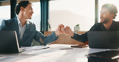 Buy stock photo Team, fist bump and business men in office with partnership for finance review or budget deal. Meeting, collaboration and financial advisors with agreement for investment proposal or acquisition