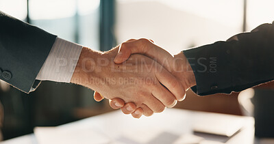 Buy stock photo Team, shaking hands and business people in office with partnership for finance or budget deal. B2B Meeting, collaboration and financial advisors with agreement for investment proposal or acquisition