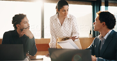 Buy stock photo Team, meeting and planning in office with document for insurance proposal, risk management or laptop. Computer, collaboration and business people at work with policy paperwork, strategy or idea