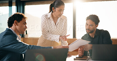 Buy stock photo Team, meeting and planning in office with paperwork for insurance proposal, risk management or review. Feedback, collaboration and business people at work with policy document, strategy or idea