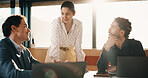 Team, meeting and discussion in office with proposal for financial project, budget planning or review. Flare, collaboration and business people at work with laptop, strategy and investment idea